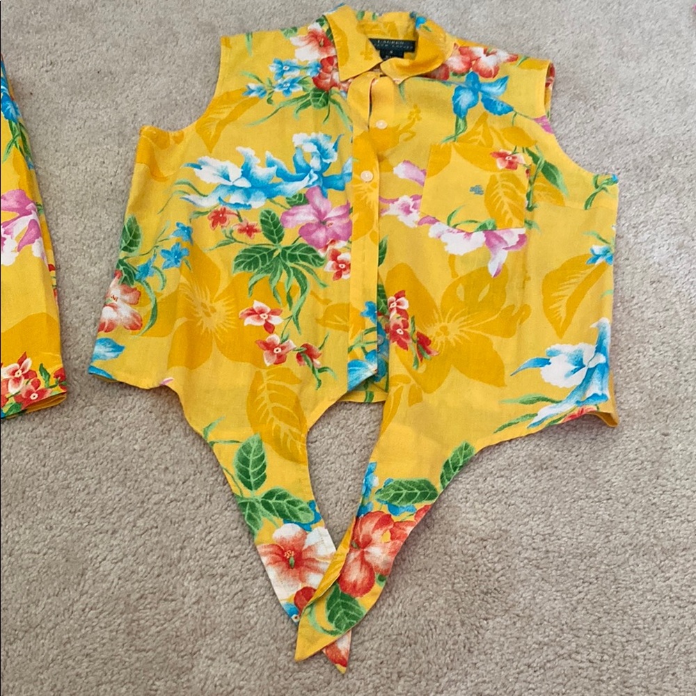 Vintage Ralph Lauren linen floral Yellow high-waisted shorts and top, S - Picture 14 of 15